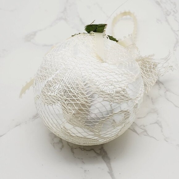 Vintage Handmade Lace Covered Christmas Ball Ornament White Floral Satin Ribbon - Picture 4 of 6
